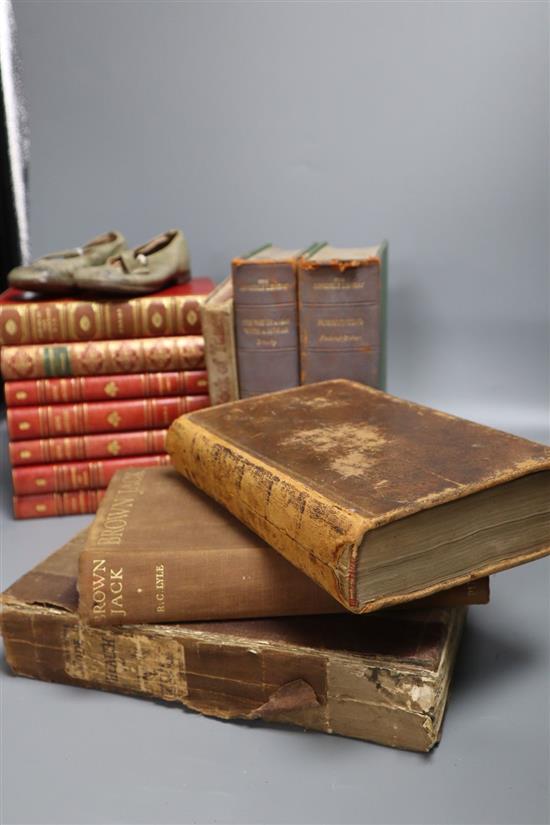 Assorted bindings and a pair of childs shoes